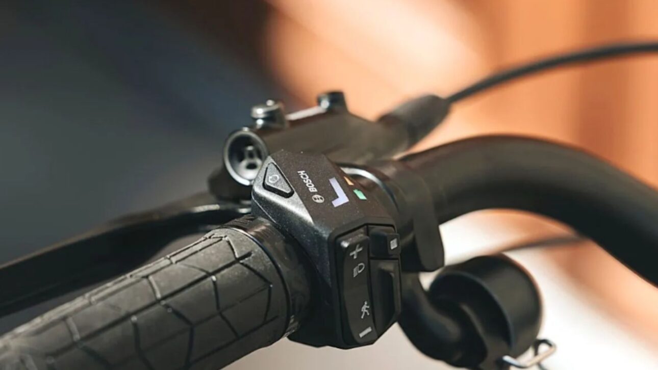 Controlador no guidão com o detalhe do botão Walk Assist
