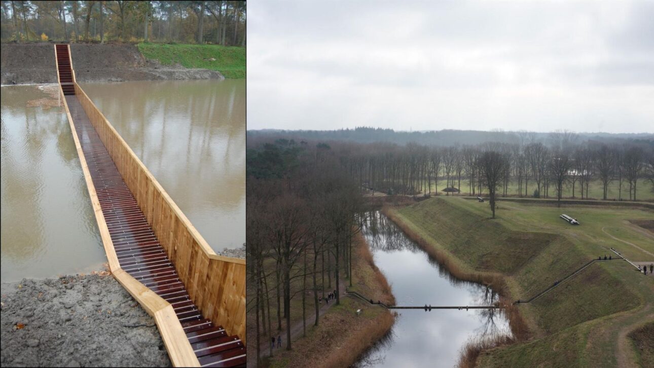 Ponte de Moisés, na Holanda, cria passagem entre águas em fosso histórico e atrai turistas ao Forte de Roovere.