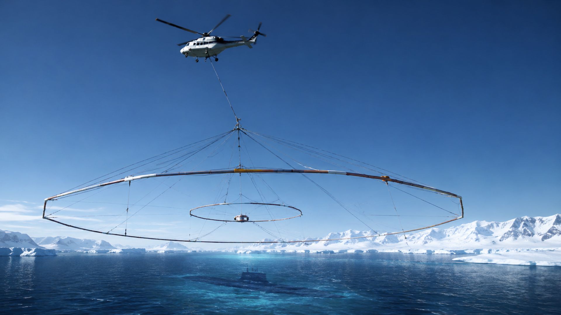 Estrutura chinesa de três bobinas de 25 metros, sob um helicóptero, é testada como sistema ATEM e aponta para a possível caça a submarinos.