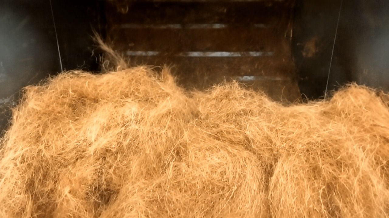 Casca de coco vira manta biodegradável em estradas rurais da Índia contra chuva intensa e tráfego pesado.