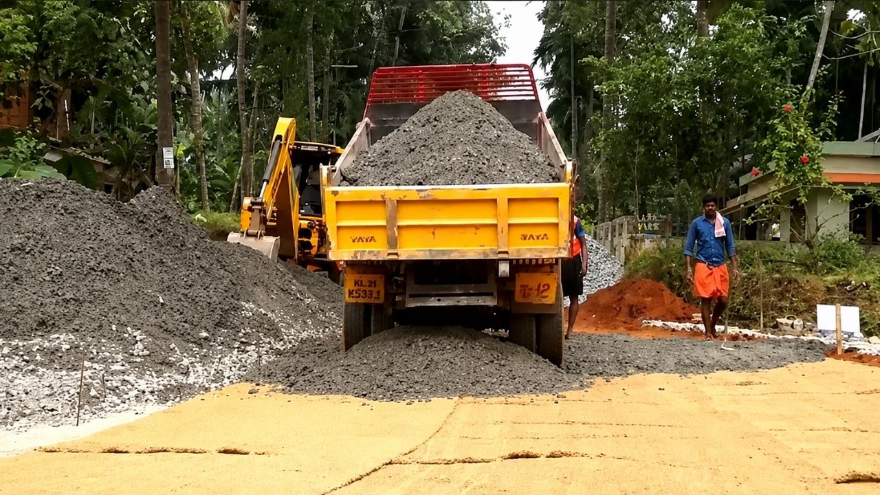 Casca de coco vira manta biodegradável em estradas rurais da Índia contra chuva intensa e tráfego pesado.