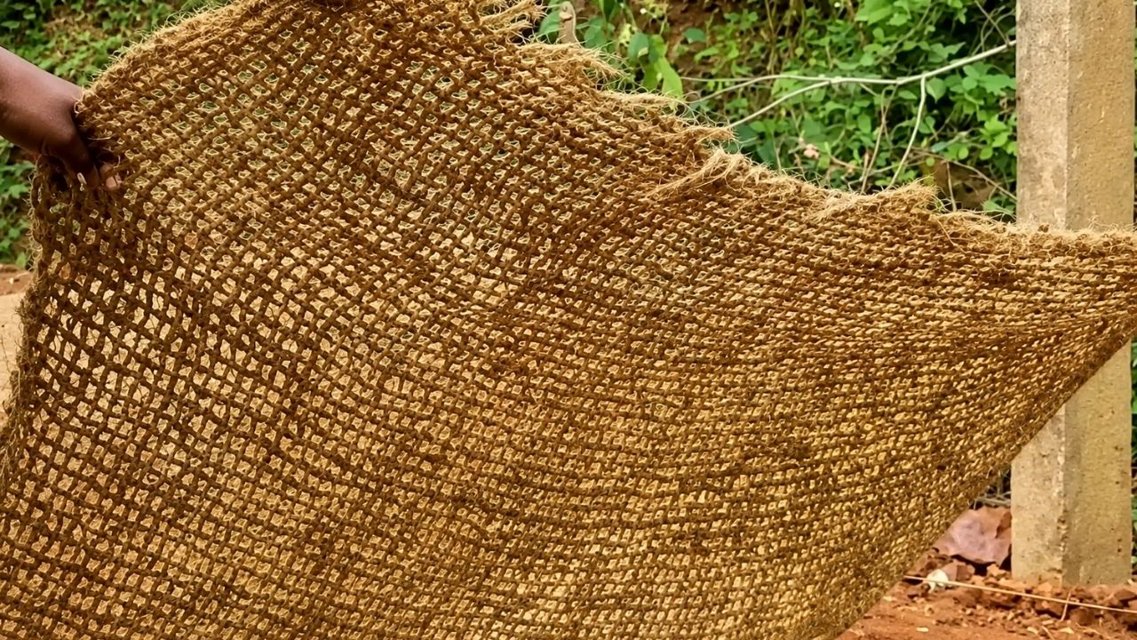 Casca de coco vira manta biodegradável em estradas rurais da Índia contra chuva intensa e tráfego pesado.