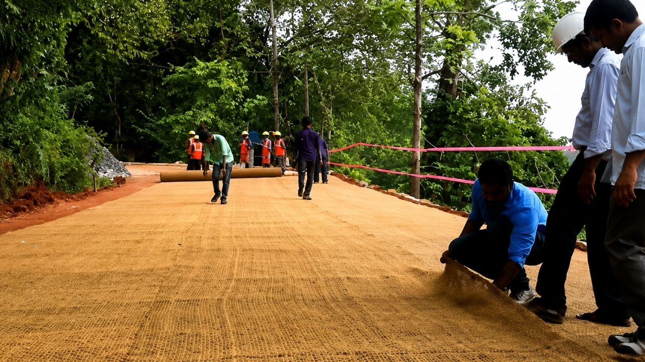 Casca de coco vira manta biodegradável em estradas rurais da Índia contra chuva intensa e tráfego pesado.