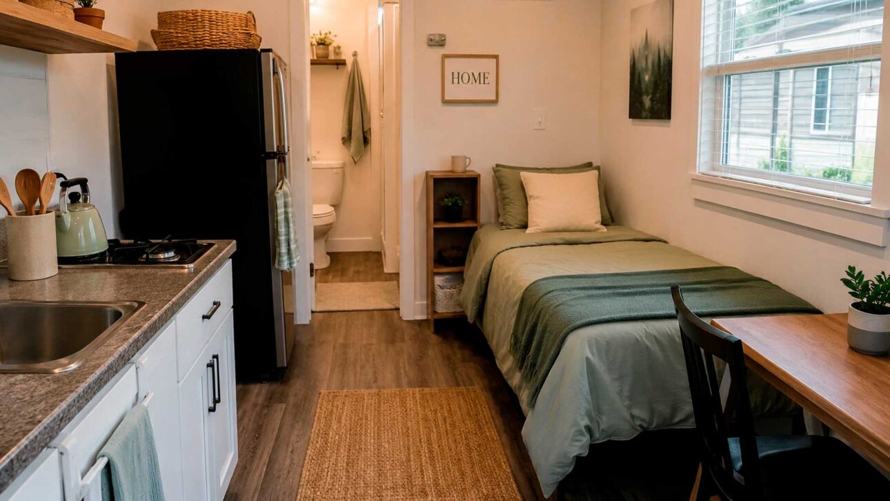 Interior de microcasa mostra quarto, cozinha e banheiro em espaço compacto