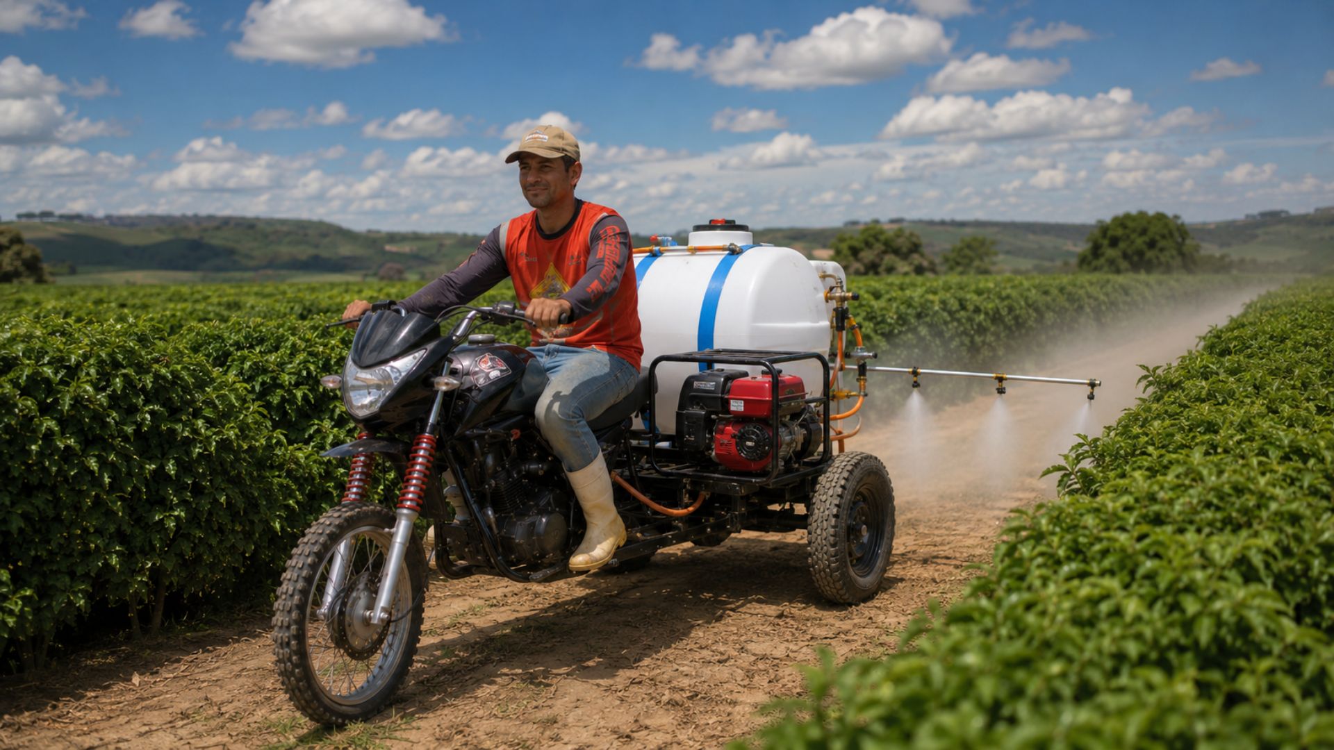 Inventor mineiro transforma uma moto comum em triciclo agrícola com pulverizador e oficina móvel, para o pequeno produtor de café que não tem trator.