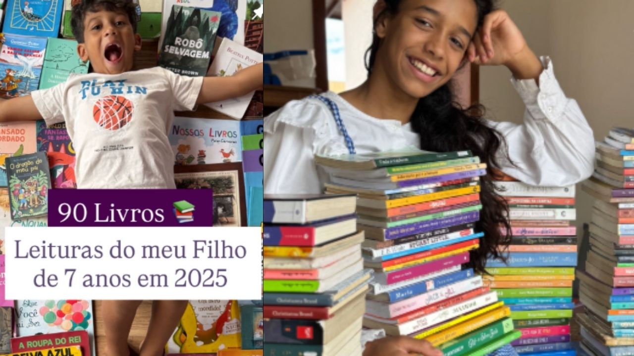 No Guarujá, crianças somam 240 livros e mostram leitura longe das telas em rotina familiar que viralizou.
