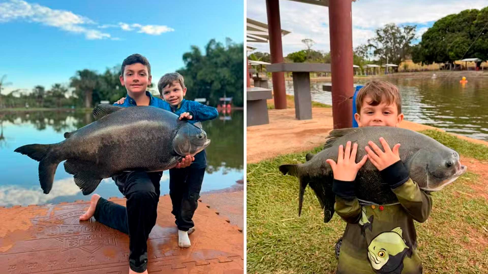 Irmãos goianos de 4 e 12 anos ganham repercussão nas redes ao pescar pirarucu de 130 kg e tambaquis em Goiás