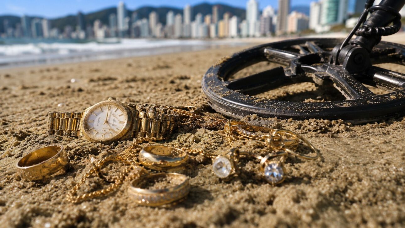 Caçador de tesouros de Balneário Camboriú faz do detectorismo renda: tirou R$ 22 mil em joias na areia com detector de metais e devolveu um iPhone.