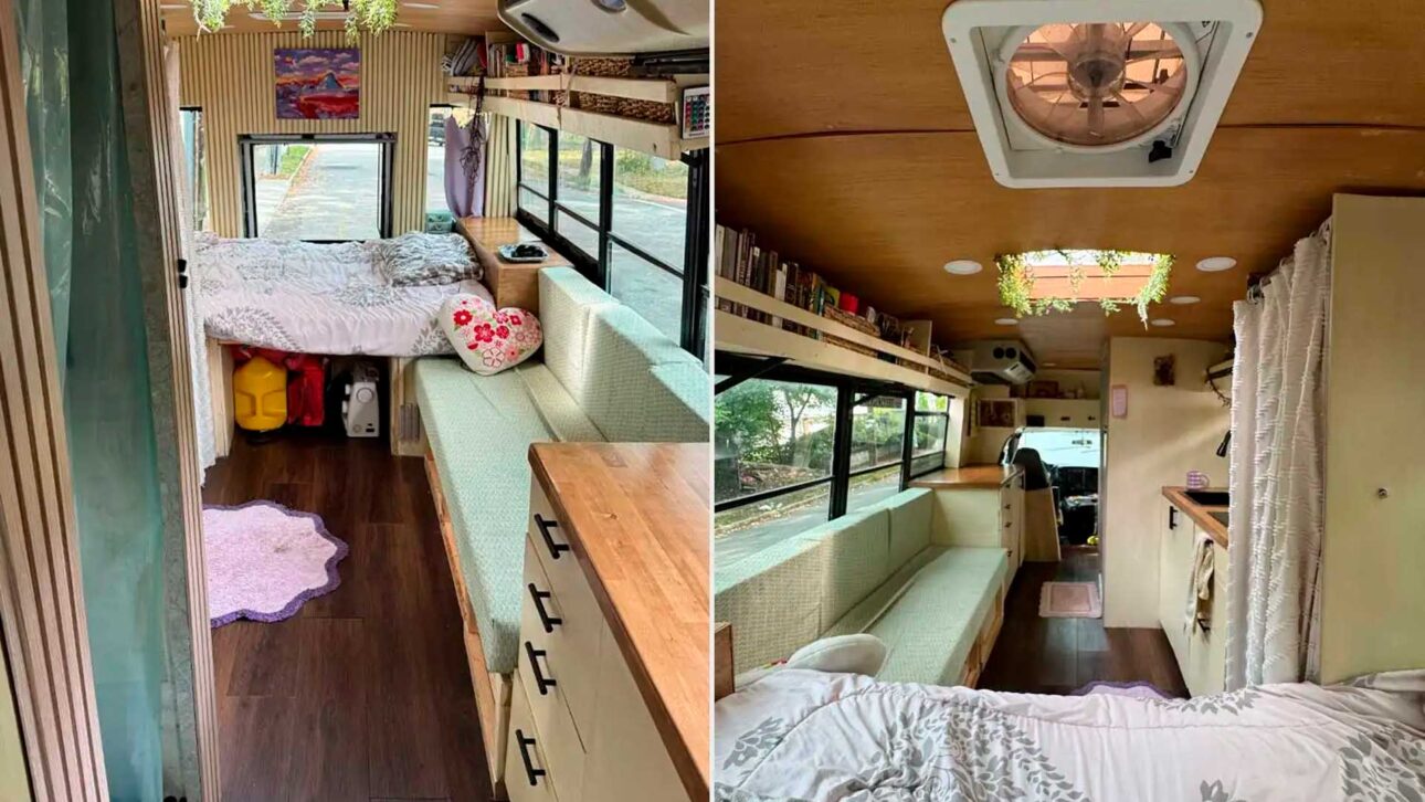 Young woman renovates school bus and starts living in a mobile home to avoid high rent