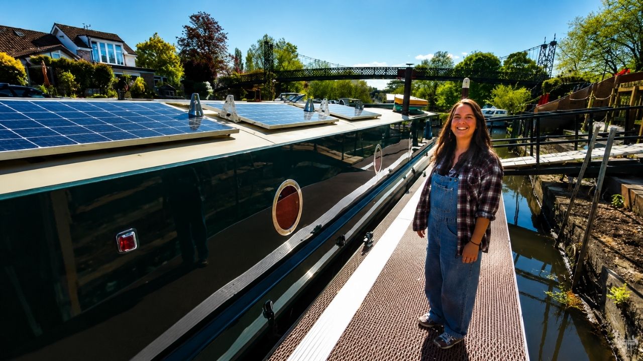 Mãe solo de 4 filhos largou aluguel de quase £3.000 por mês em Londres e foi morar em barco de 60 pés no rio, com energia solar, baterias de lítio, Starlink, máquina de lavar e custo mensal