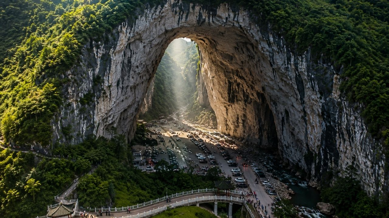 Maior caverna de ponte natural do mundo fica na China, impressiona em Guizhou com quase 180 metros de altura, abertura gigantesca e espaço interno usado até para carros, virando refúgio (7)