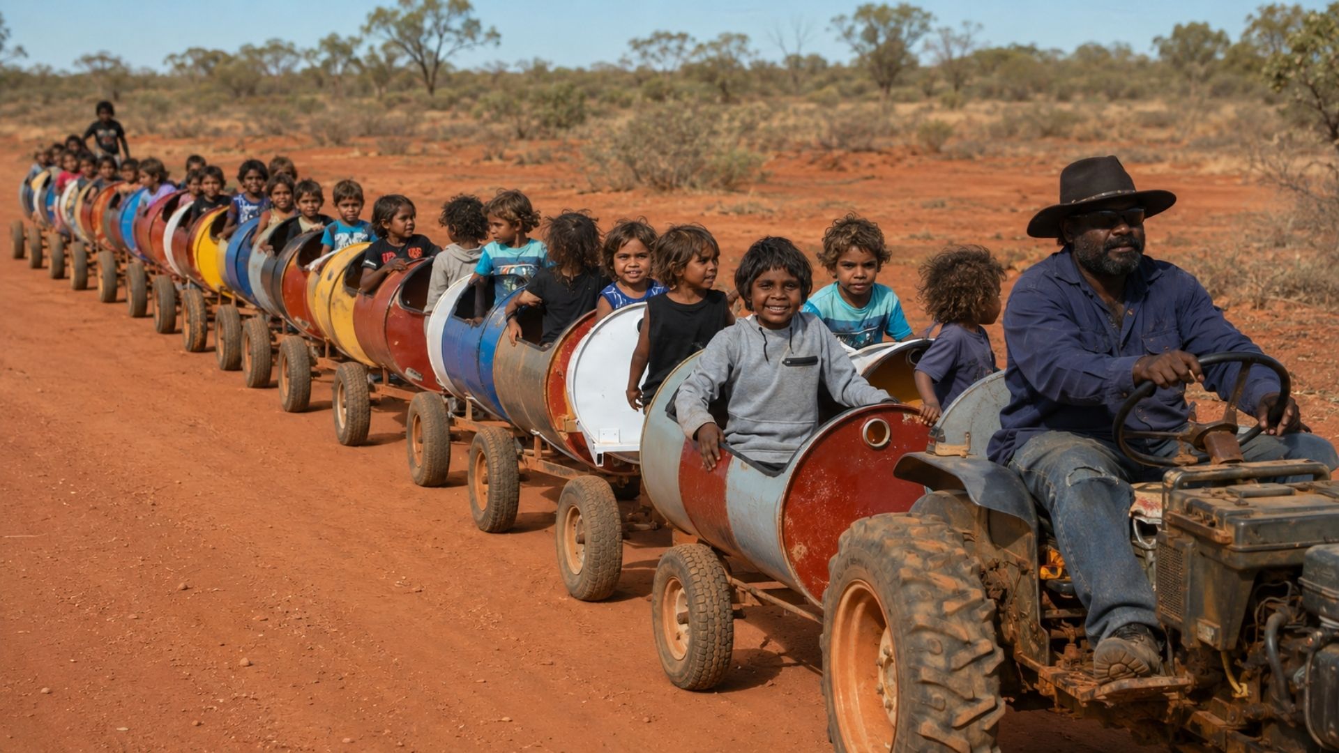 Numa comunidade aborígene da Austrália, a reciclagem criativa de tambores de metal virou um trem de transporte escolar e fez a frequência escolar subir.