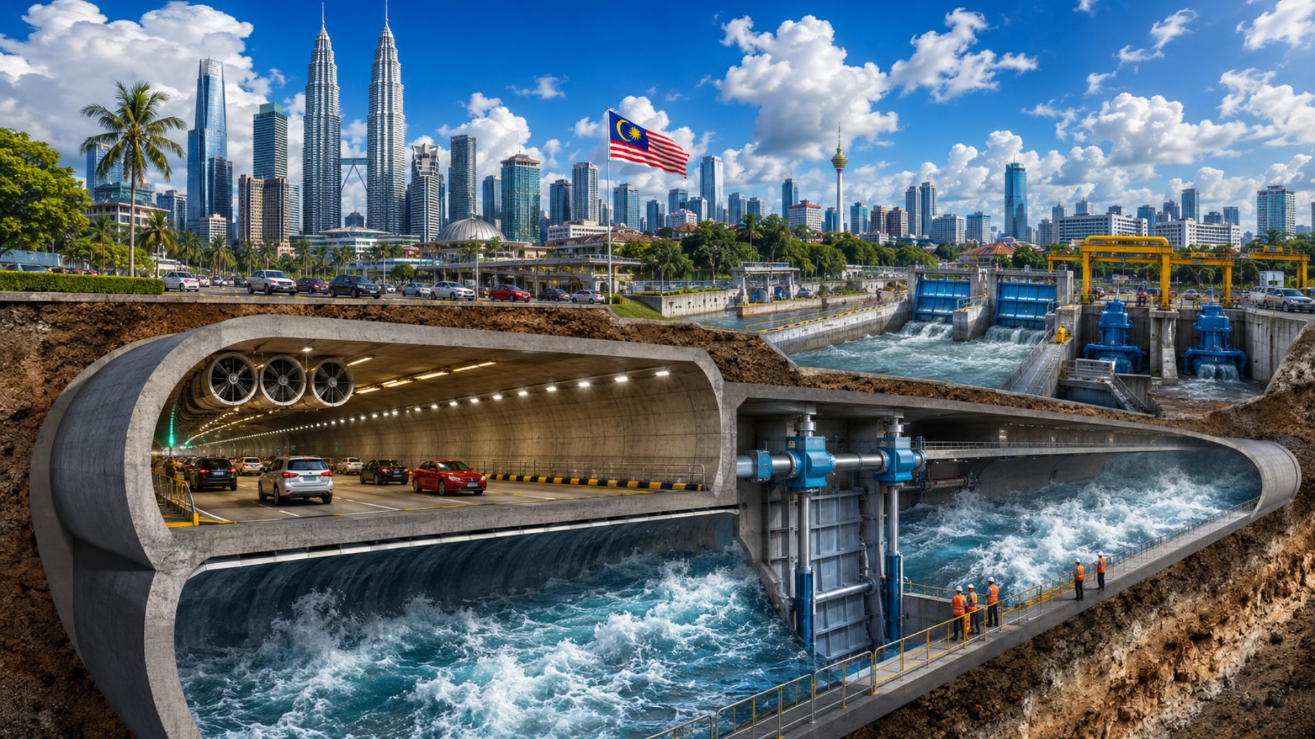 O túnel SMART de Kuala Lumpur tem 9,7 km e funciona como rodovia ou canal de drenagem gigante dependendo da chuva. Desde 2007, evitou enchentes em quase 600 eventos.
