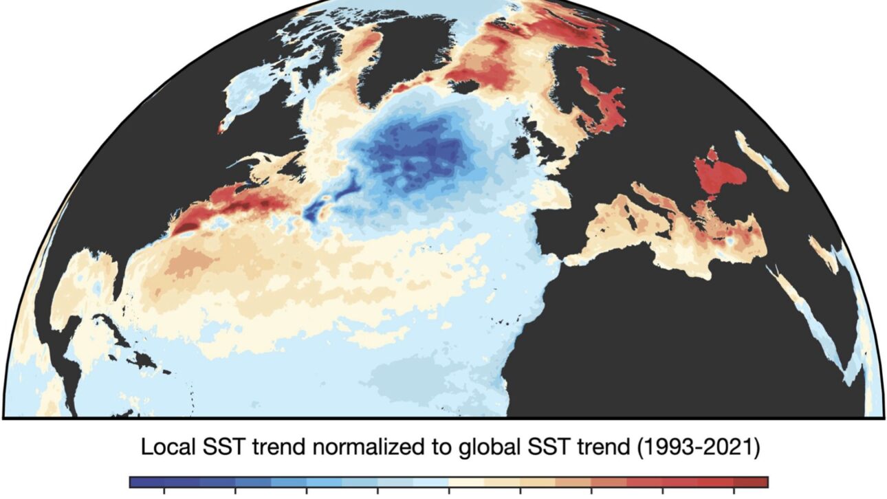 The cold patch south of Greenland has been cooling for 150 years, and a study links the phenomenon to AMOC, an ocean current system affected by global warming.