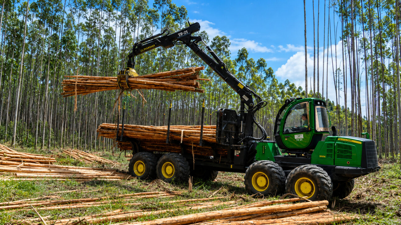 Caminhão florestal da John Deere leva 19 toneladas de madeira por viagem, usa força de tração para vencer lama, aclives e trilhas estreitas e vira o elo escondido entre a árvore cortada e a indústria de celulose