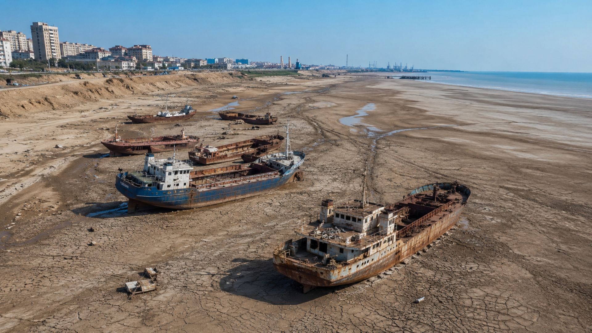 O Mar Cáspio, maior lago do mundo, seca pelas mudanças climáticas: a evaporação pode tirar até 21 m e secar portos do Cazaquistão neste século.