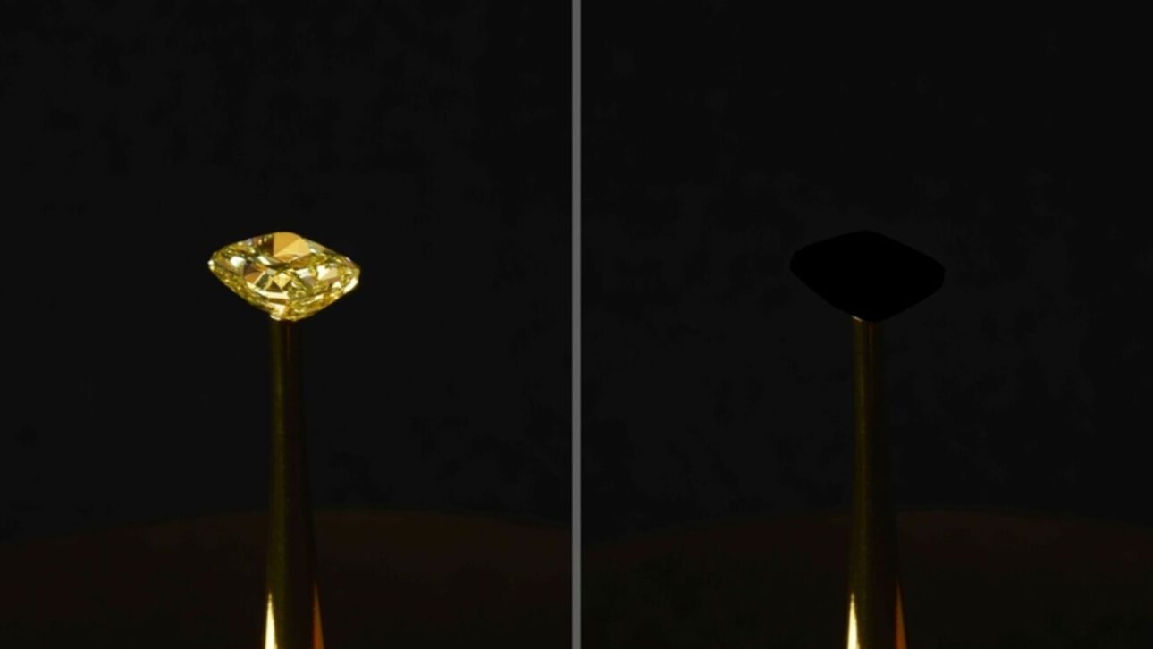 Material ultranegro do MIT feito de nanotubos de carbono absorve 99,995% da luz, supera o Vantablack e fez um diamante amarelo de US$ 2 milhões virar sombra.