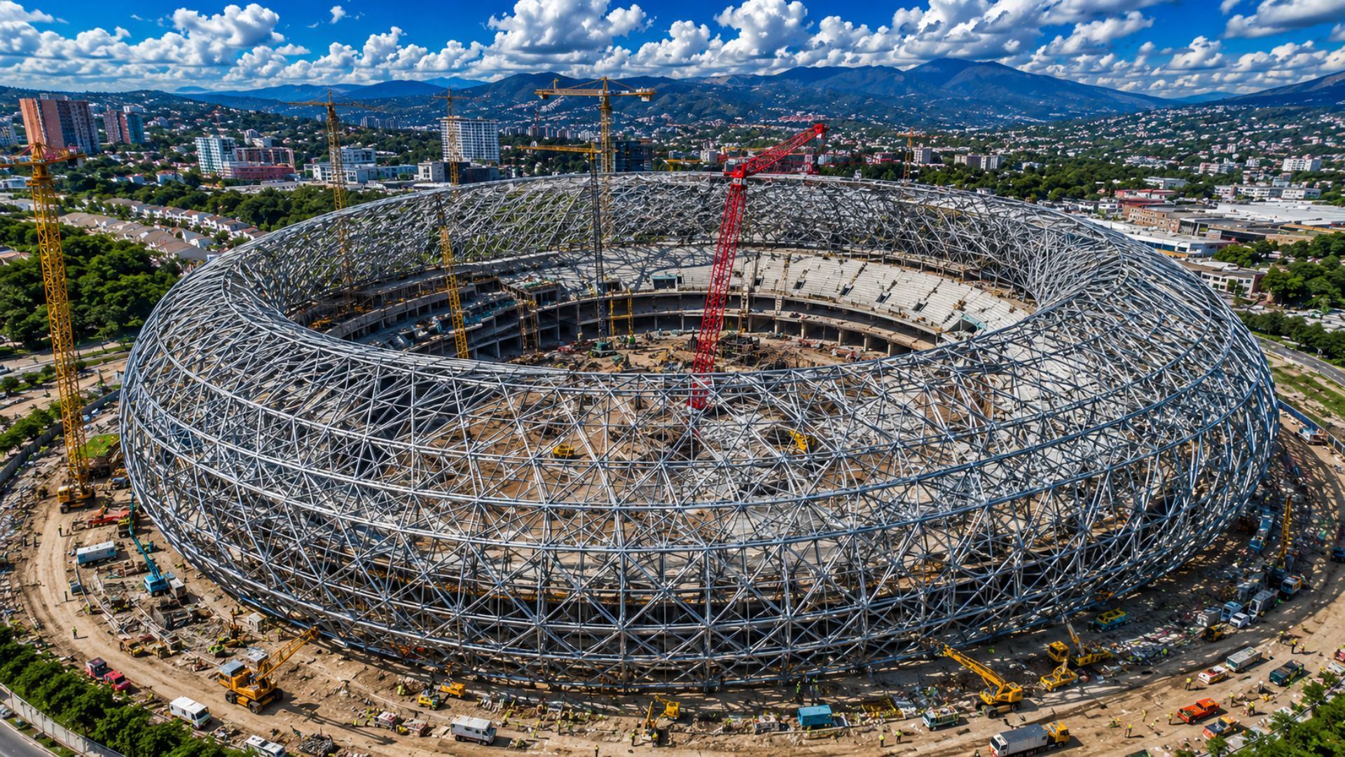 Megaestádio de R$ 2,5 bilhões financiado pela China fecha a estrutura metálica na América Central, na fase mais difícil das obras, com entrega em 2027.