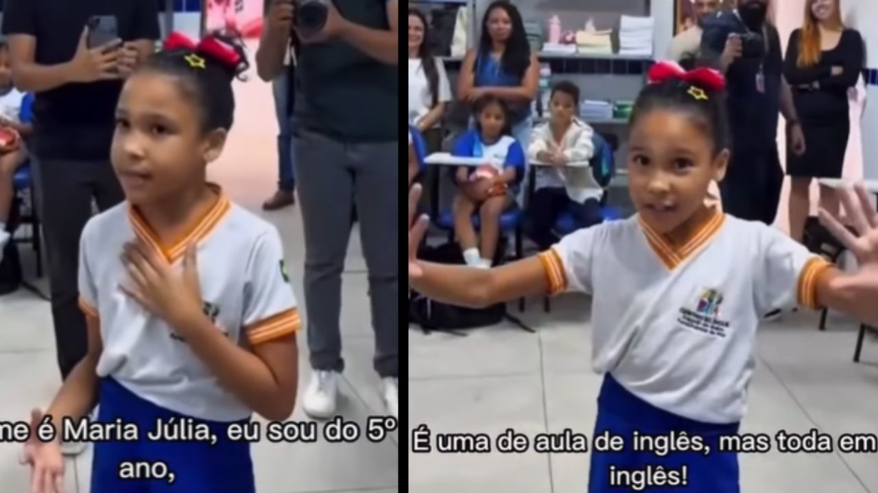Menina de 10 anos mostra inglês em escola bilíngue gratuita e reforça educação pública após viralizar nas redes sociais.