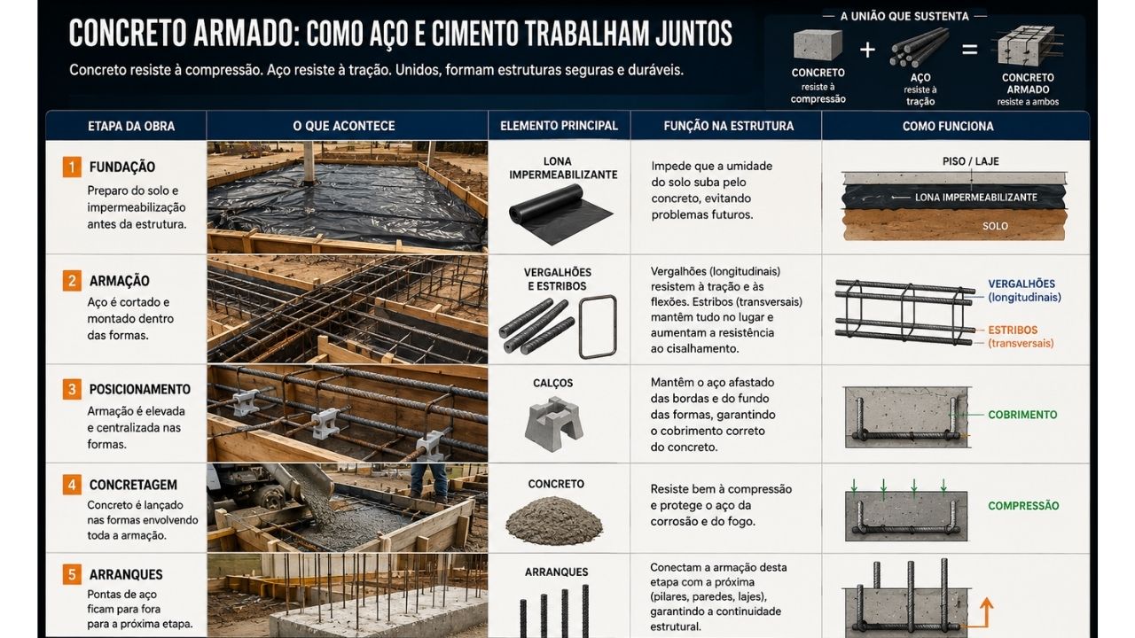Uma mini casa de 2 andares mostra que paredes não seguram a construção: pilares e concreto armado formam o esqueleto que sustenta a casa.