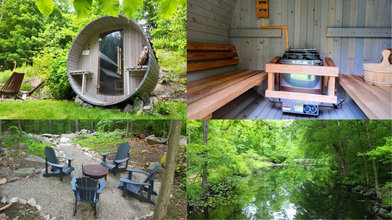 A mini casa em Connecticut nasceu de garagem e ganhou sauna, rio e móveis escondidos em refúgio compacto de 700 pés quadrados.