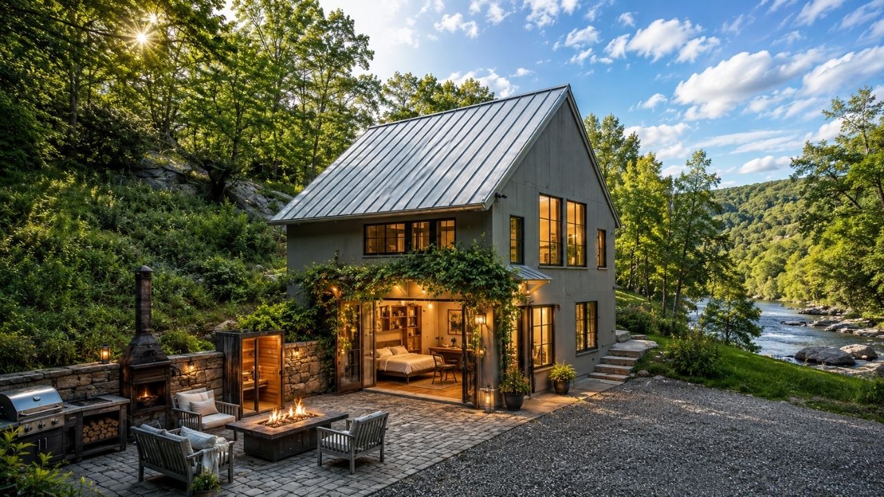 Mini casa de 700 pés quadrados nasce de uma antiga garagem e vira refúgio de luxo em Connecticut; imóvel acomoda até 4 pessoas, tem sauna, lareira, acesso ao rio e móveis secretos (7)