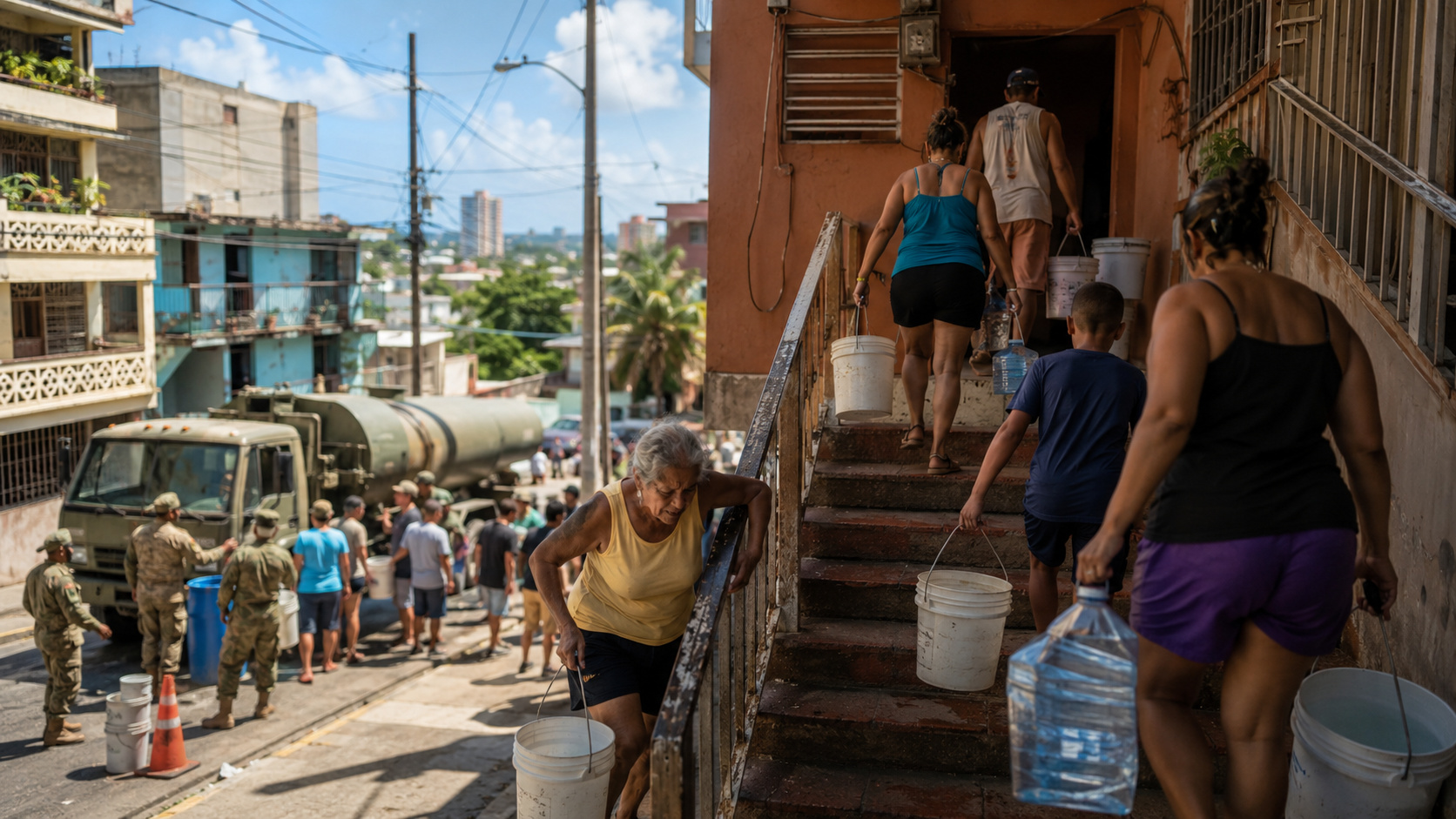 Moradores de Porto Rico ficaram sem água, carregaram baldes por escadas todos os dias