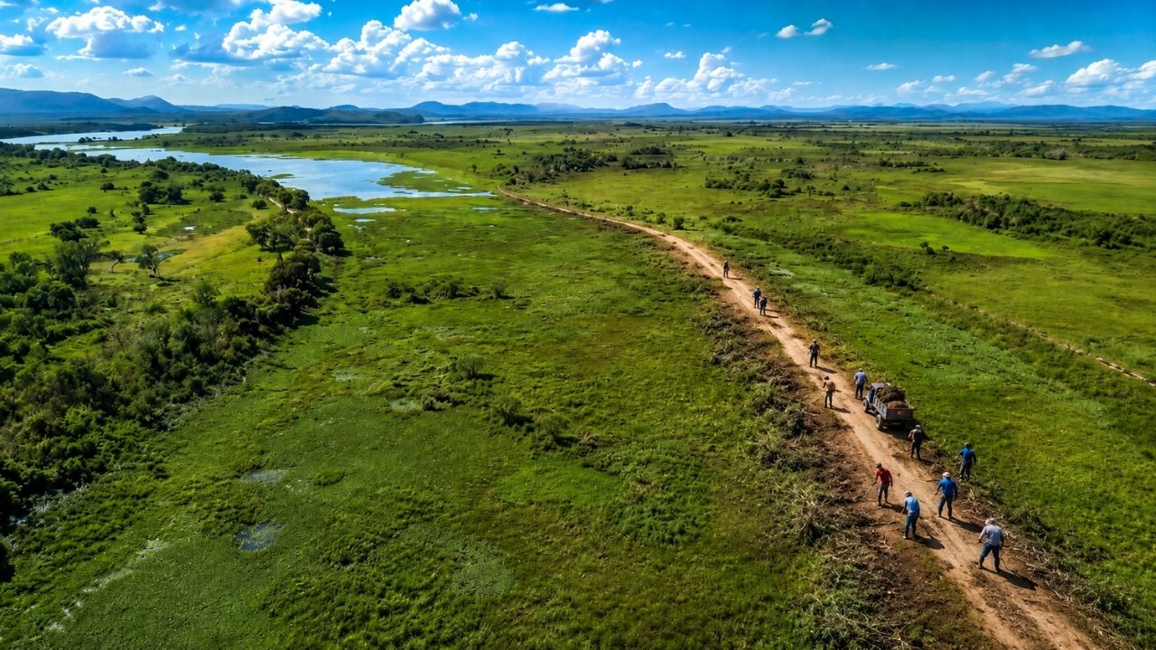 Moradores isolados no Pantanal abriram sozinhos uma estrada improvisada de 8 km depois que o canal natural da Baía do Castelo ficou bloqueado por vegetação aquática; sem (3)