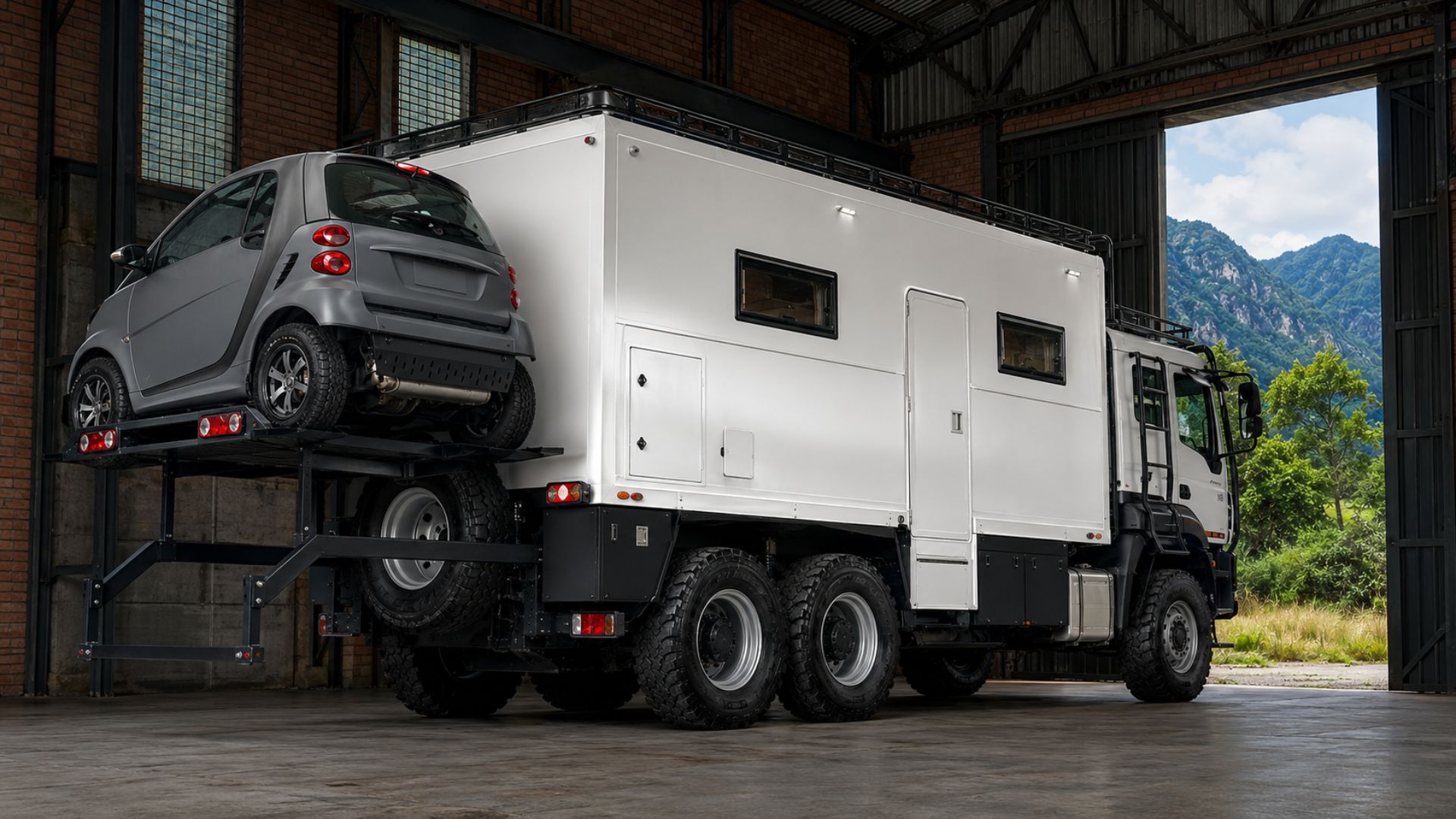 Motorhome 6x4 da Serro sobre VW Constellation 31.320 tem 320 cv, carrega um carro na traseira e é 100% a diesel, até no vaso sanitário.