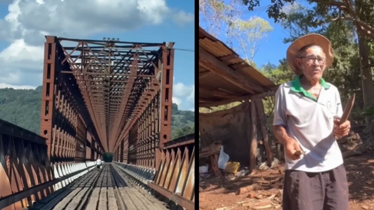 Motorista atravessou uma ponte férrea de mais de 100 anos sobre o rio Uruguai, onde carros passam um por vez, e encontrou no caminho um casal da roça que ainda faz açúcar no tacho, bate (1)