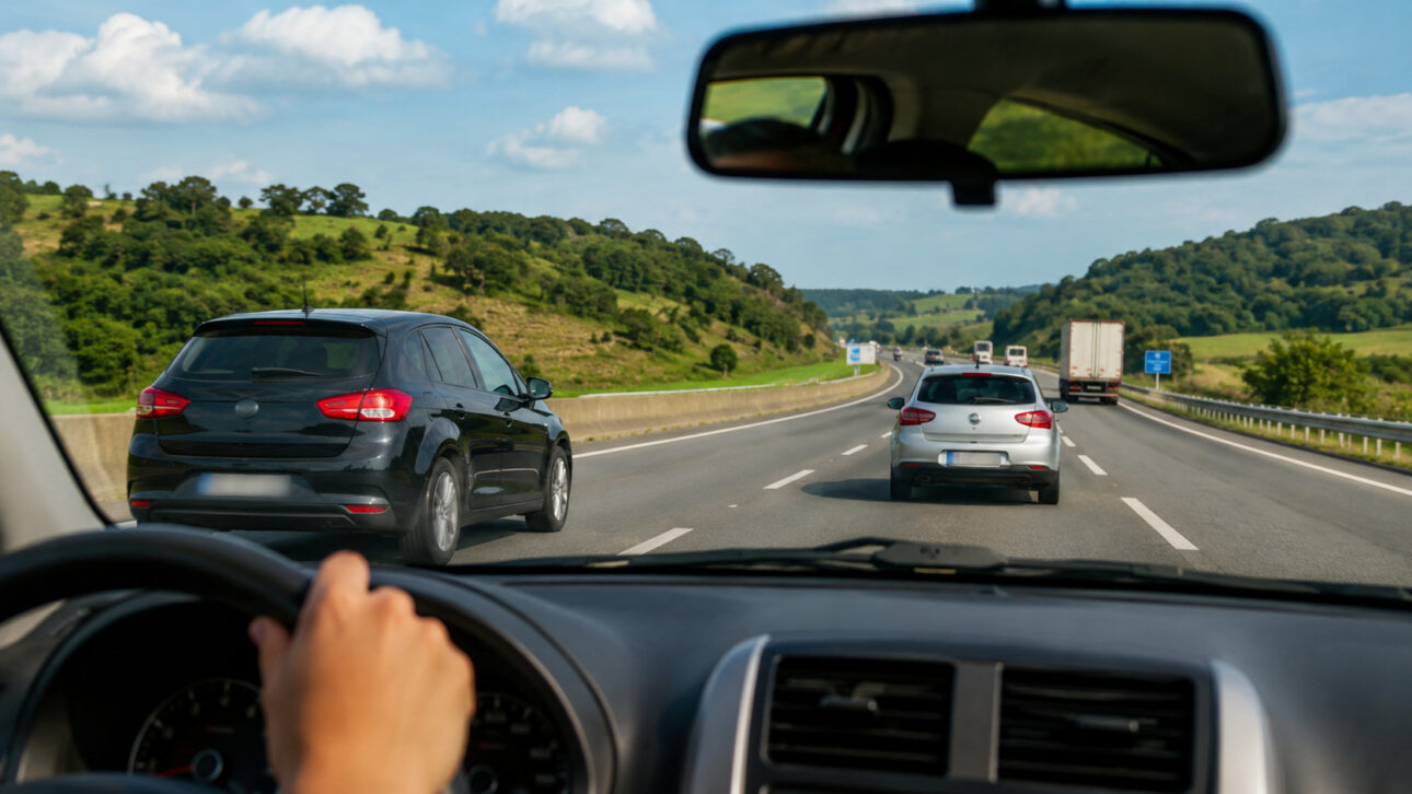 Visão interna de um carro em rodovia movimentada, com veículos trafegando em diferentes faixas e motorista atento à pista, ilustrando regras de ultrapassagem e passagem pela esquerda.