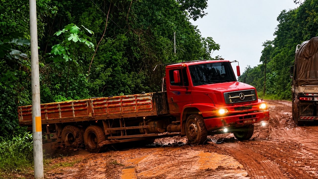 Motoristas enfrentaram lama na BR-319, caminhão escorregou como sabão e travou a estrada enquanto colegas empurravam no barro, orientavam o volante e tentavam impedir (5)