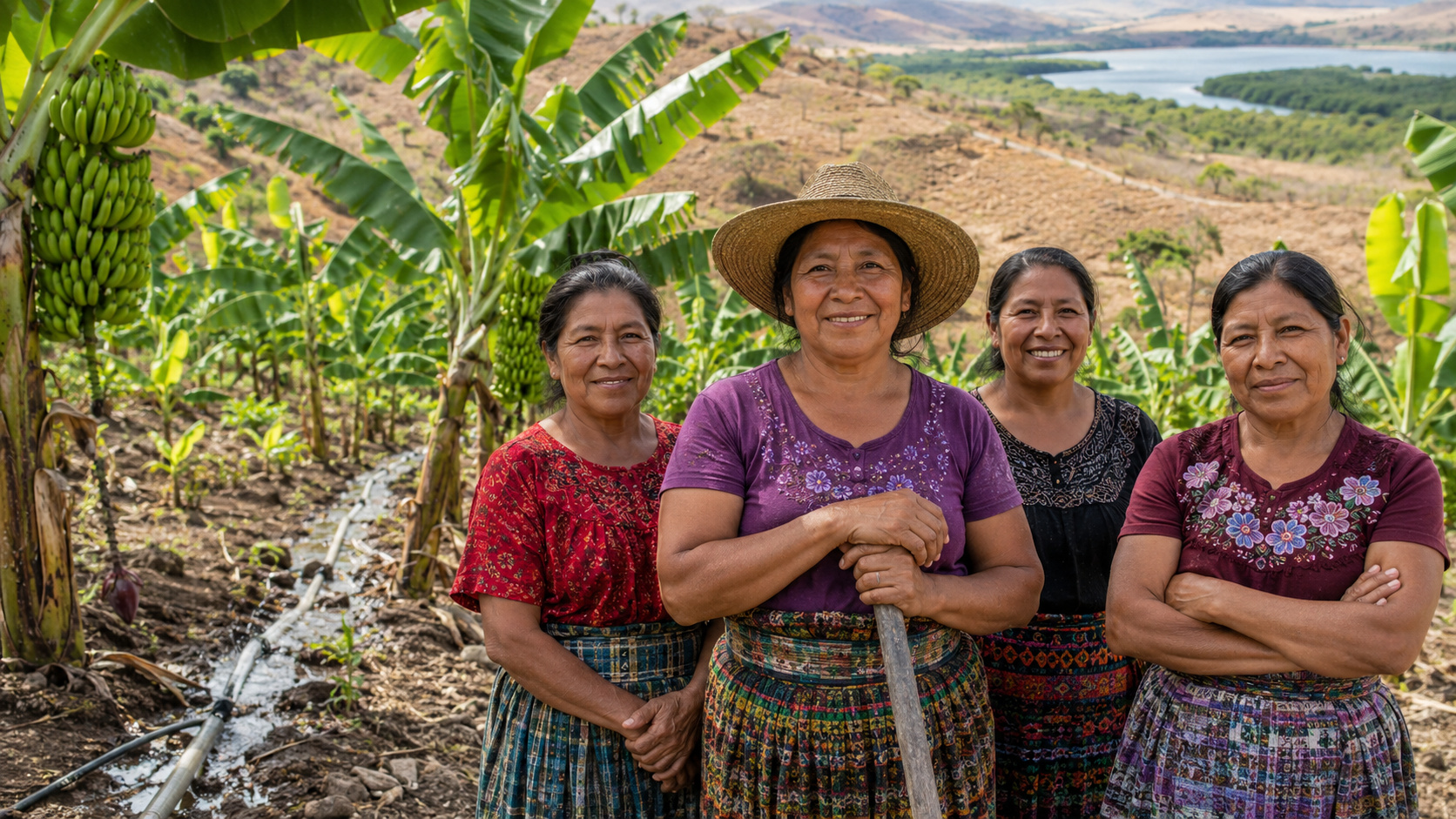Mulheres agricultoras da Guatemala levam água para lavoura seca