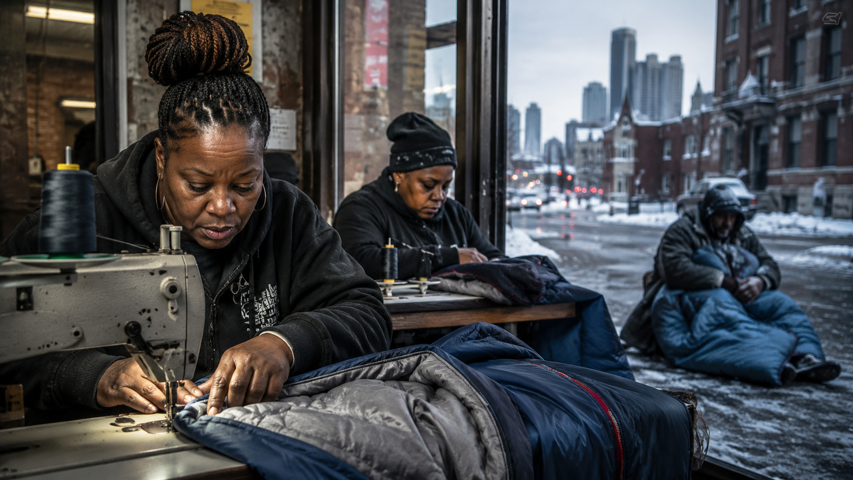 Mulheres que já dormiram nas ruas de Detroit agora fabricam casacos que se abrem como sacos de dormir para salvar outras pessoas do frio