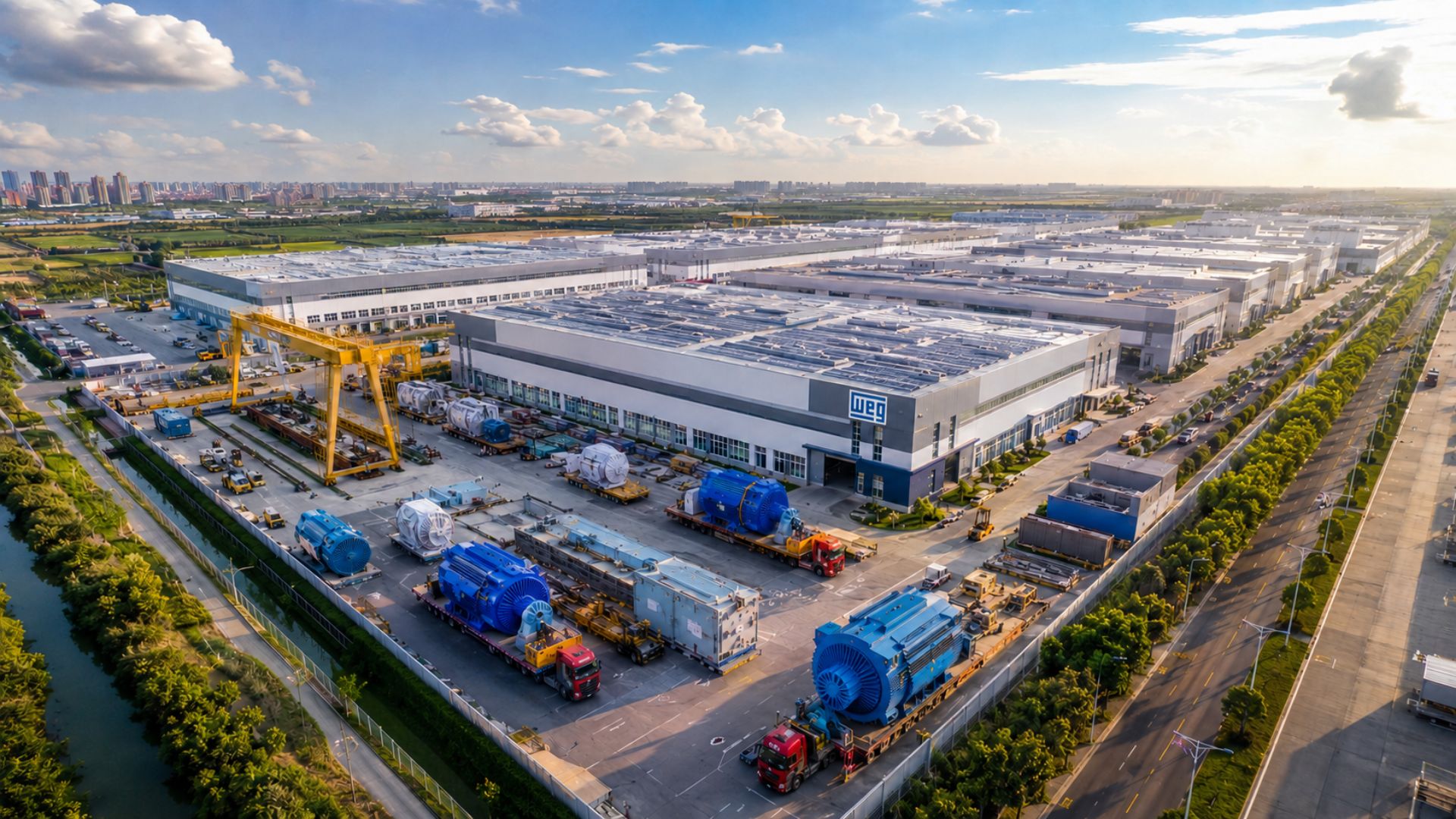 A WEG, de Santa Catarina, anunciou uma nova fábrica na China, em Rugao, focada em grandes máquinas elétricas e motores, com inauguração prevista para 2027.