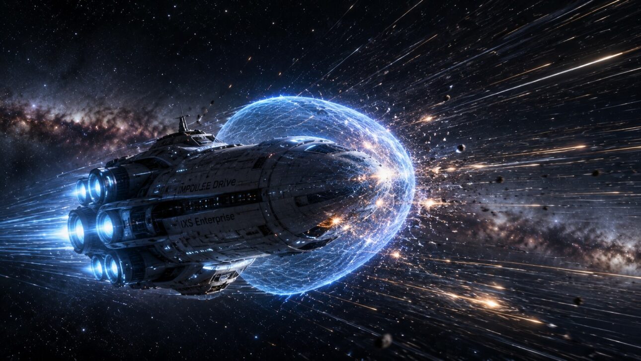 Nave interestelar avanzada atravesando el espacio profundo, impactos de partículas relativísticas en el escudo frontal, efectos luminosos realistas, visual científico cinematográfico, 169