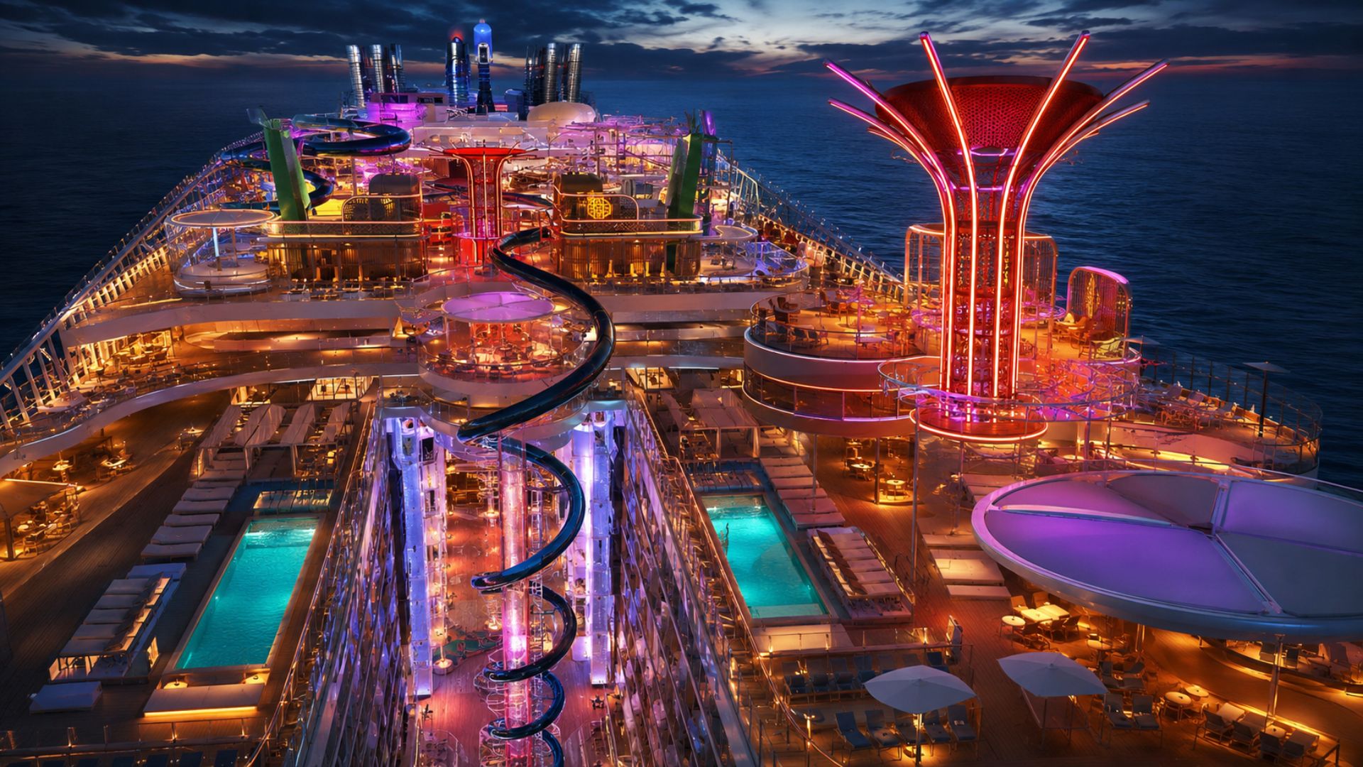 Navio MSC World Asia terá o maior tobogã a bordo do mundo, com 81,3 m e 12 andares, e escultura de 8 toneladas; estreia no Mediterrâneo em dezembro de 2026. imagem ilustrativa