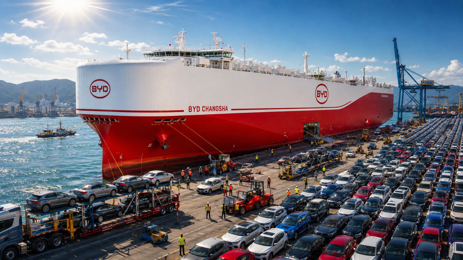 O navio gigante Changsha, da BYD, atraca em Itajaí com 7.216 carros e eleva para quase 15,5 mil os veículos desembarcados no porto em 2026.