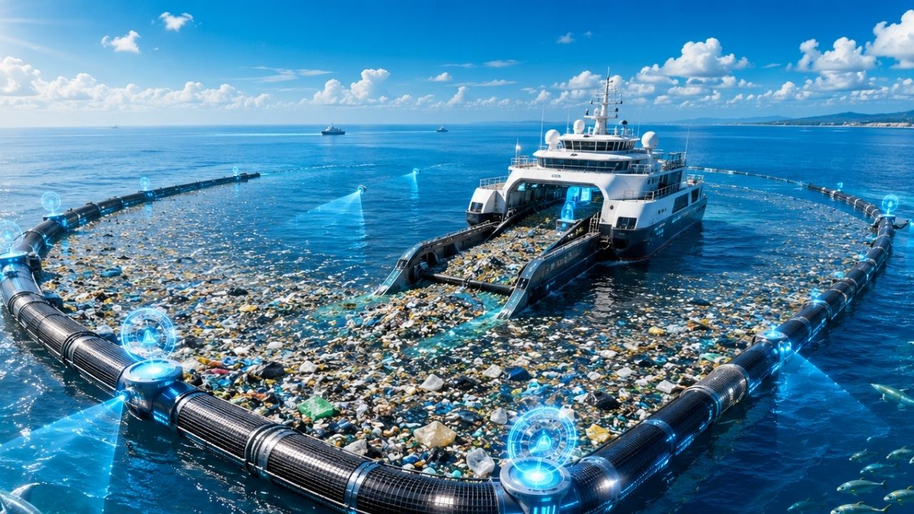 Navio que engole lixo no oceano usa barreira em forma de U, sensores e inteligência artificial para capturar plástico sem aspirar peixes, enquanto o maior sistema da Ocean Cleanup retirou 11,5 (3)