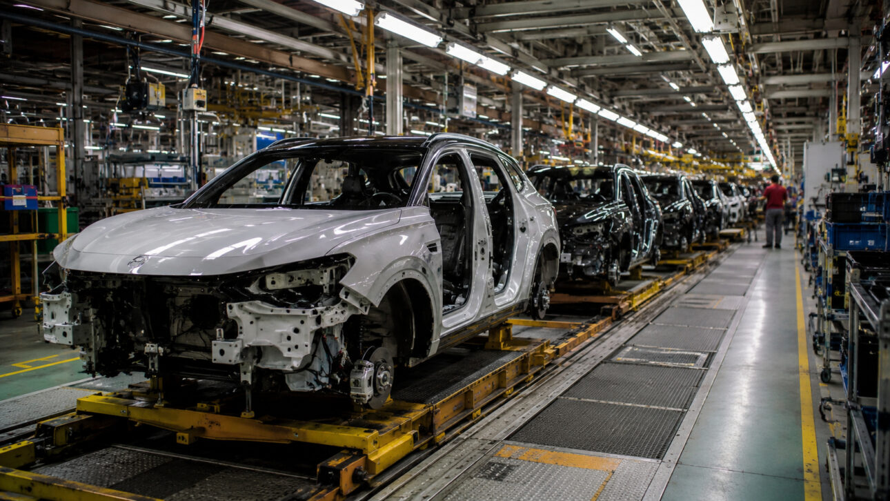 Linha de montagem de veículos em fábrica automotiva moderna, com diversos carros em processo de produção, representando o acordo entre Nissan e Chery para fabricação de automóveis no Reino Unido.