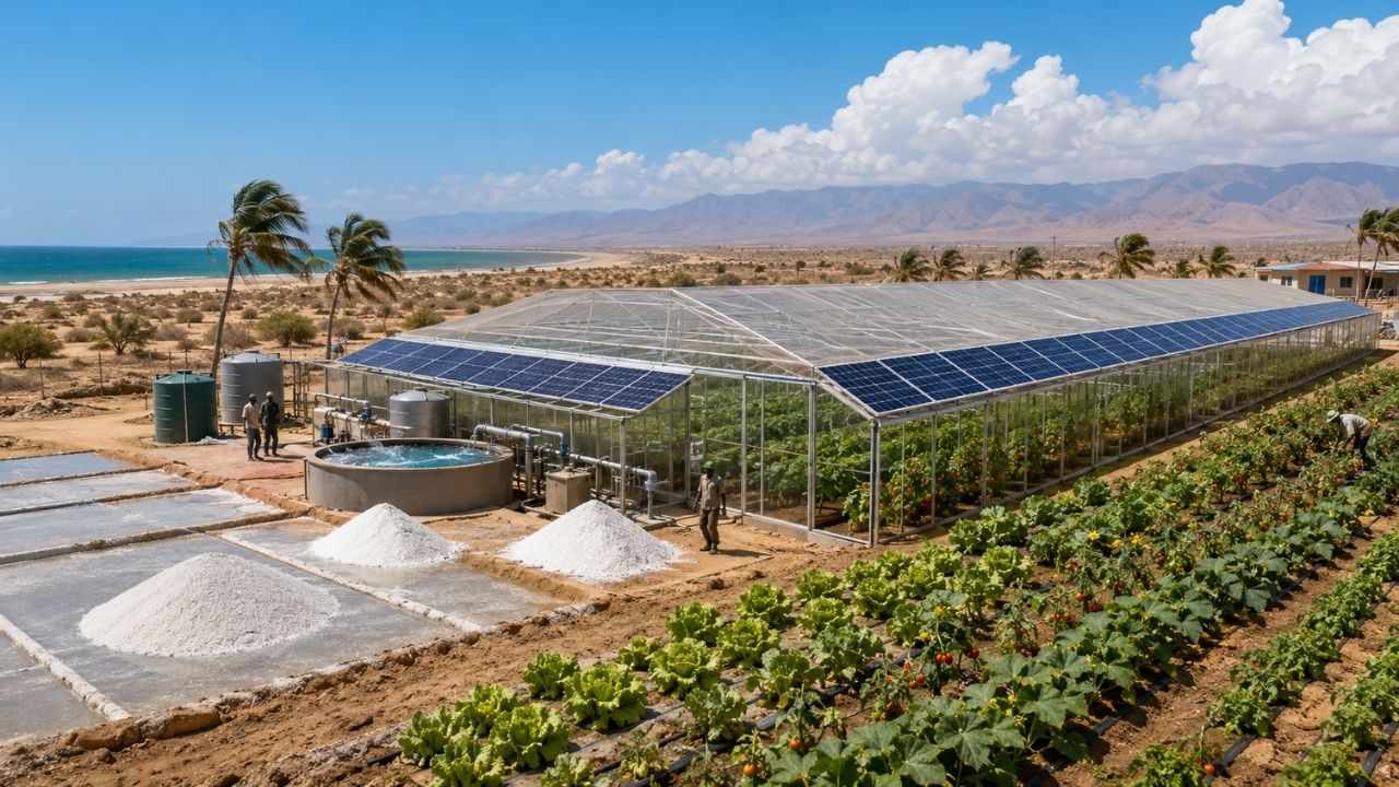 No deserto da Somalilândia, estufa usa sol e água do mar para produzir alface, pepino e tomate sem depender de chuva projeto de 1 hectare resfria o cultivo, dessaliniza água salgada e ainda (2)