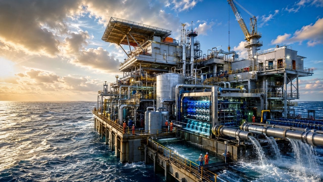 No meio do oceano, plataforma gigante produz água potável do próprio mar para manter até 300 trabalhadores vivendo semanas embarcados; processo reaproveita calor, usa bombas de alta (2)