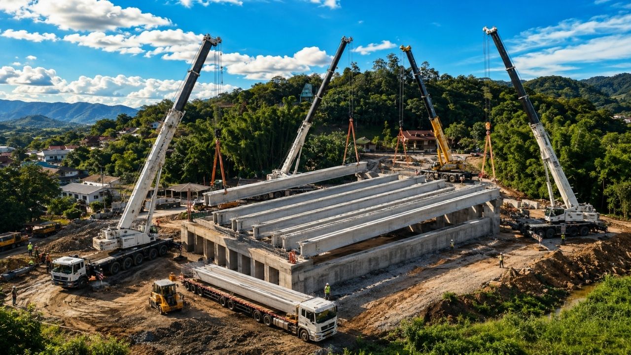 Nova ponte de Pomerode avança após operação com 7 vigas de concreto de 31 metros e 82 toneladas cada, içadas por 4 guindastes, enquanto a ligação entre Atiradores (2)