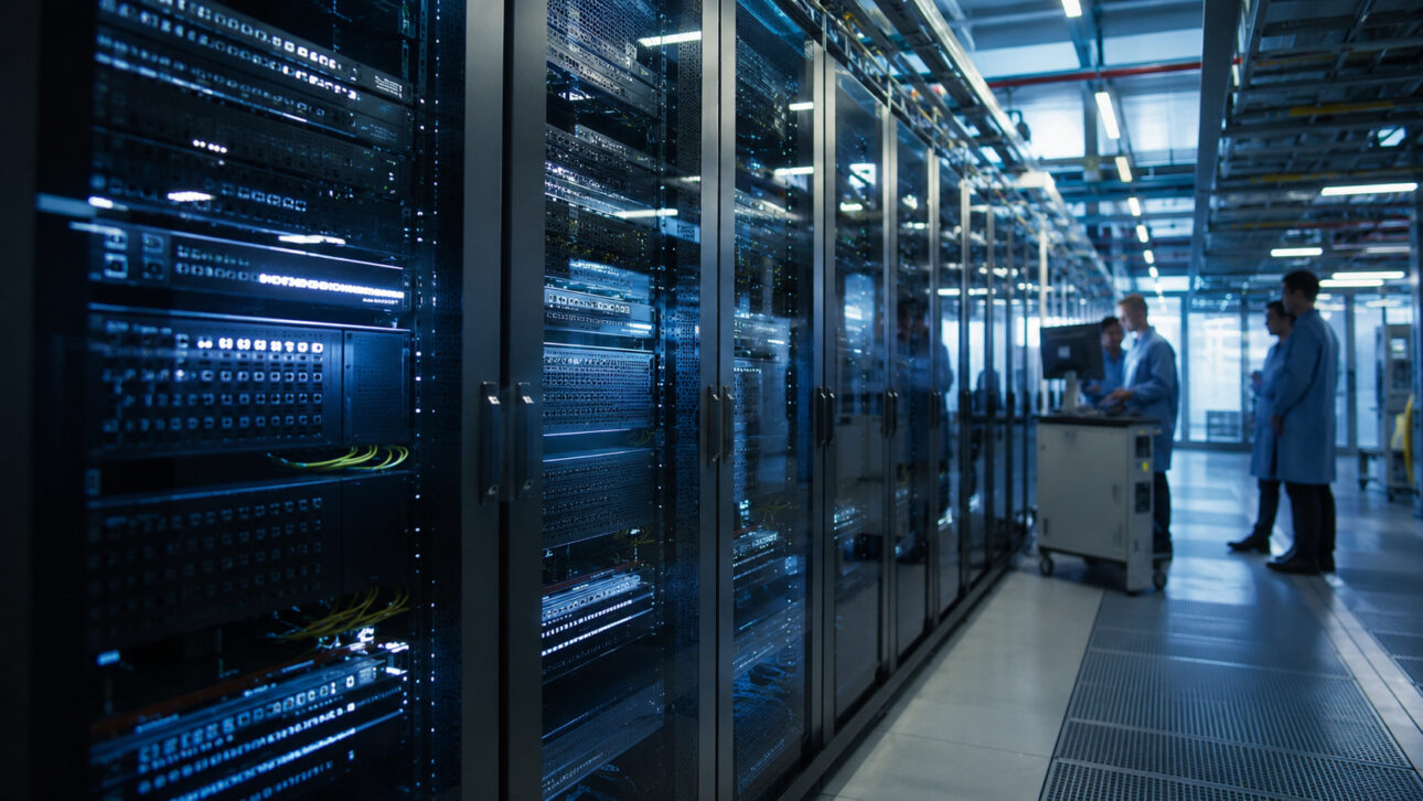 Corredor de un moderno centro de datos con filas de servidores de alto rendimiento, equipos de procesamiento avanzado y técnicos monitoreando sistemas de inteligencia artificial en un entorno tecnológico de última generación.