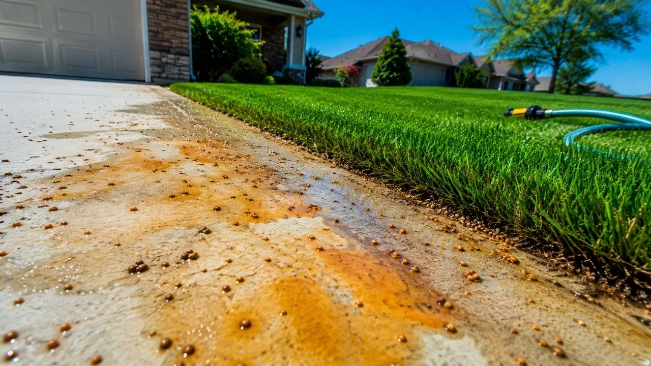 O adubo que deixa a grama mais bonita pode virar pesadelo na garagem fertilizante com ferro cai no concreto, recebe água, oxida e cria manchas parecidas com ferrugem, enquanto (1)