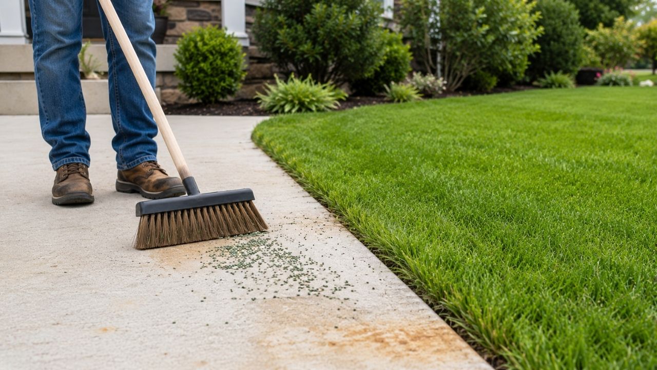 Fertilizer for grass can stain garage concrete with rust that is difficult to clean after watering.