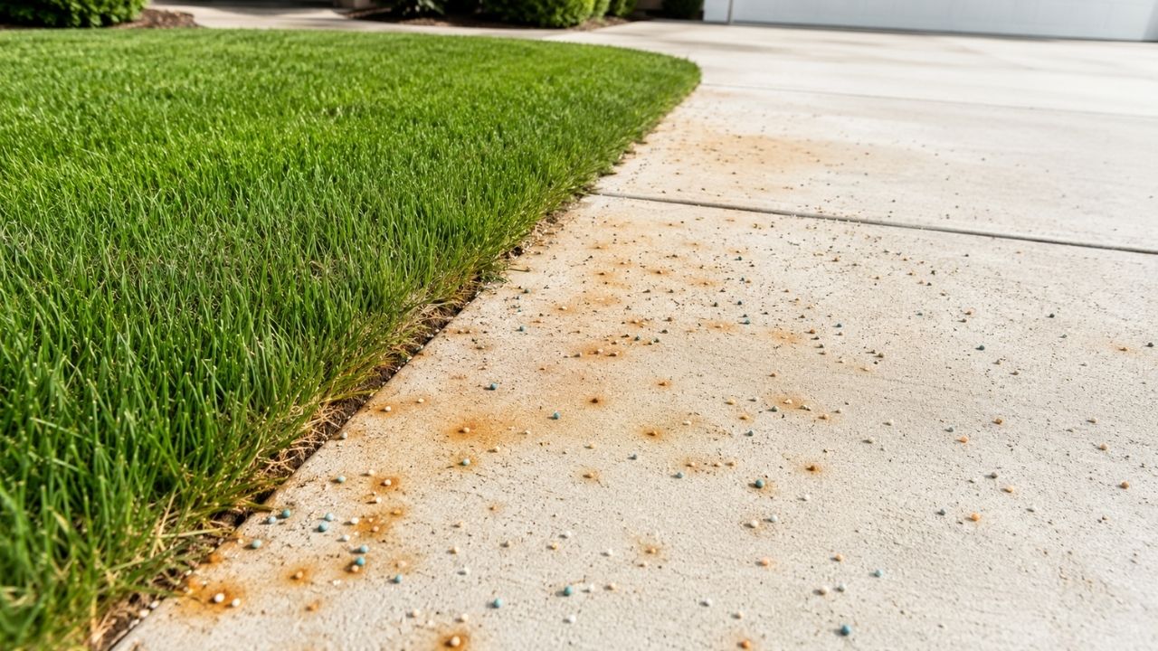 Grass fertilizer can stain garage concrete with rust difficult to clean after watering.