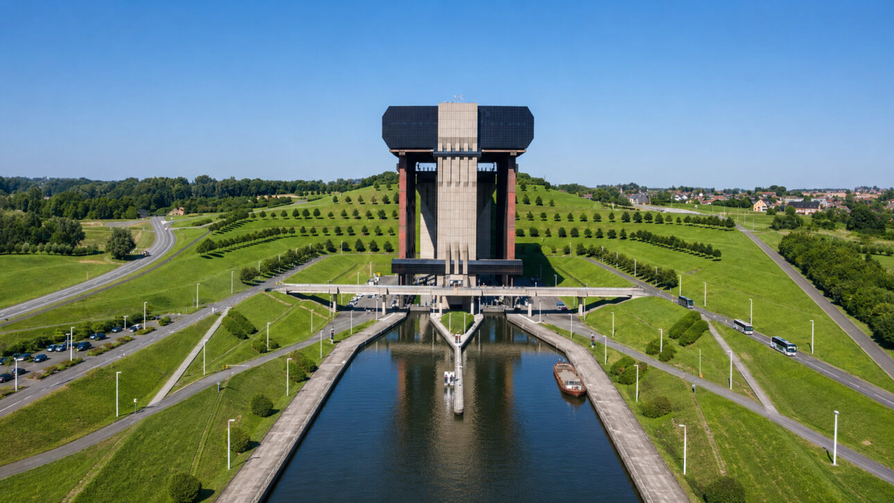 O elevador de navios da Bélgica transporta embarcações dentro de enormes tanques cheios de água para vencer um desnível de 73,15 metros
