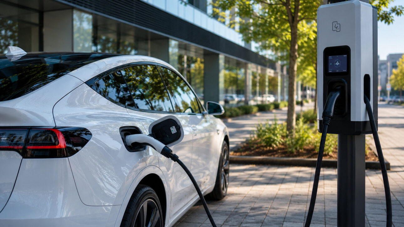 Linha de produção automotiva altamente automatizada com robôs industriais montando estruturas metálicas de veículos elétricos, representando a transição global da combustão para a eletromobilidade baseada em baterias, software e tecnologia avançada.