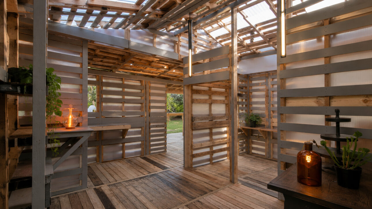 The project works with 100 recycled pallets to form an area of approximately 23 m²